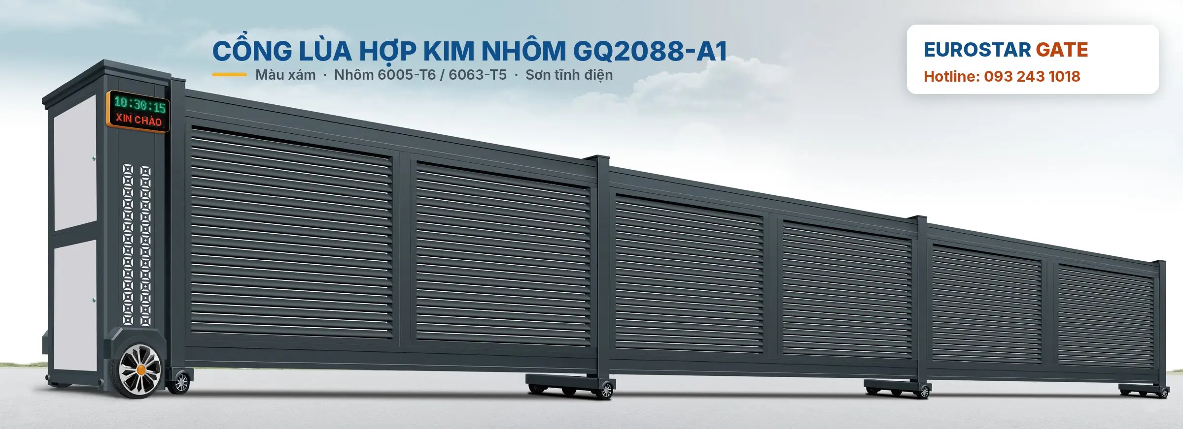 Toàn cảnh cổng lùa hợp kim nhôm GQ2088-A1 nan chớp ngang, bảng LED đầu cổng